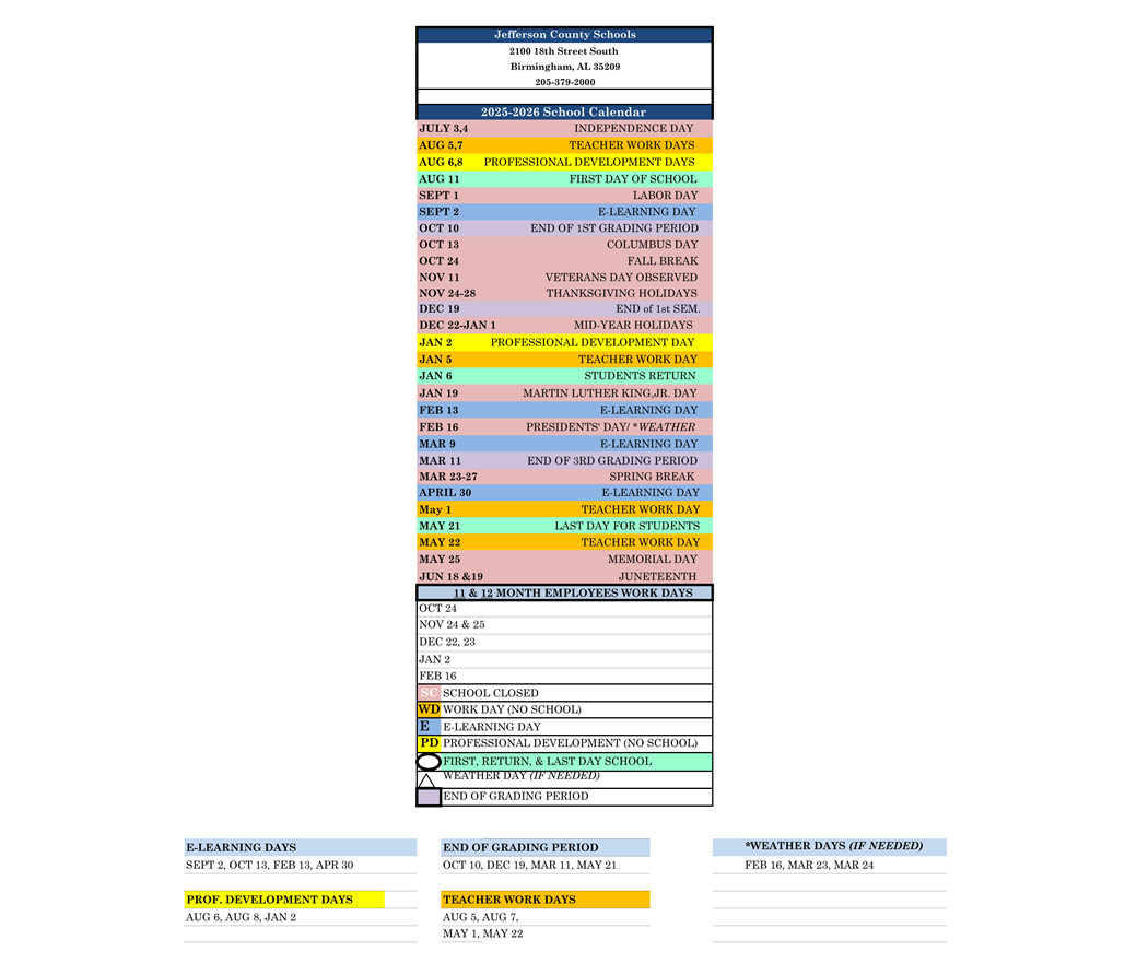 District School Academic Calendar Key for Jefferson County High School