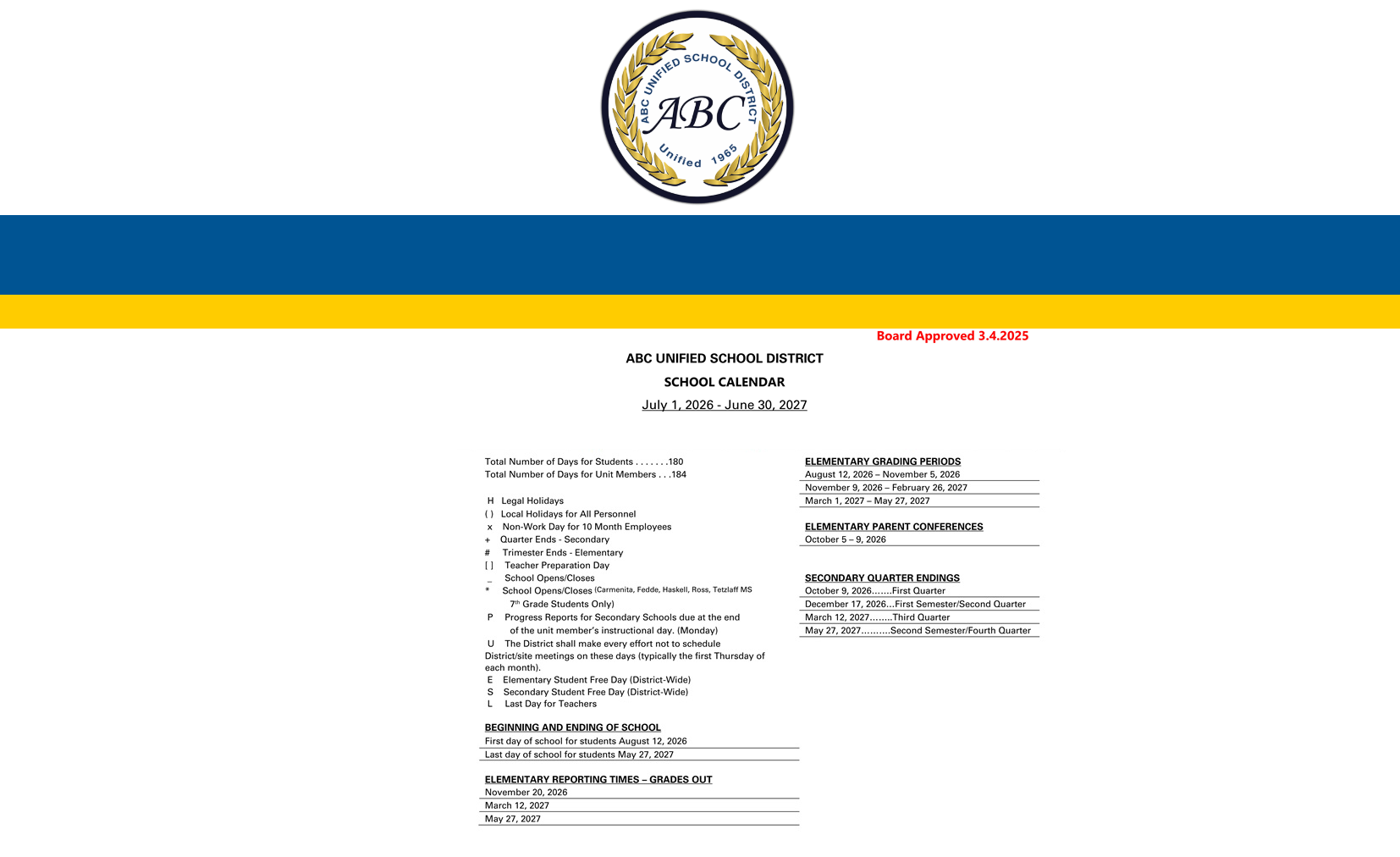 District School Academic Calendar Key for Kennedy (john F.) Elementary