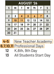 District School Academic Calendar for Sacramento Elem for August 2026