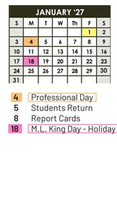 District School Academic Calendar for Sacramento Elem for January 2027