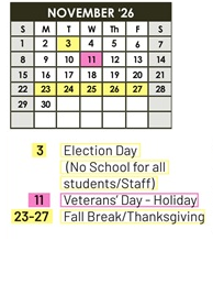 District School Academic Calendar for Sacramento Elem for November 2026
