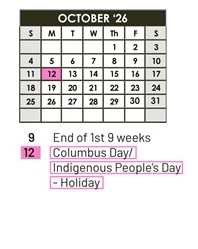 District School Academic Calendar for Sacramento Elem for October 2026