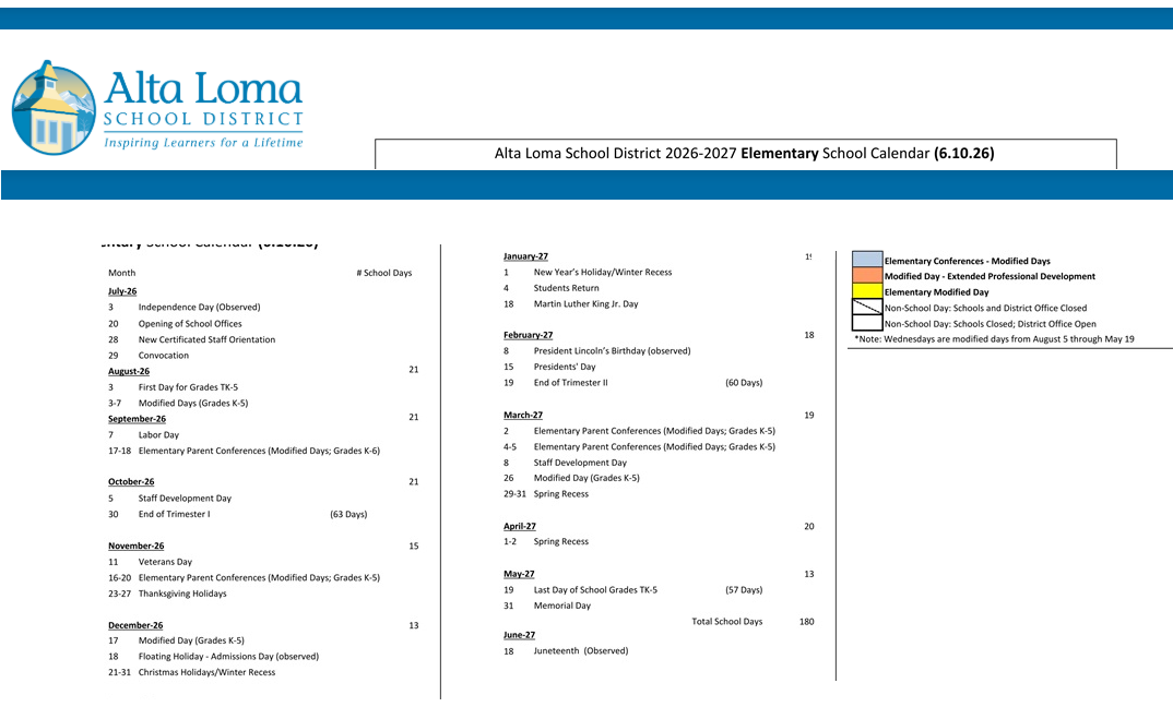 District School Academic Calendar Key for Jasper Elementary