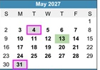 District School Academic Calendar for Bach Elementary School for May 2027