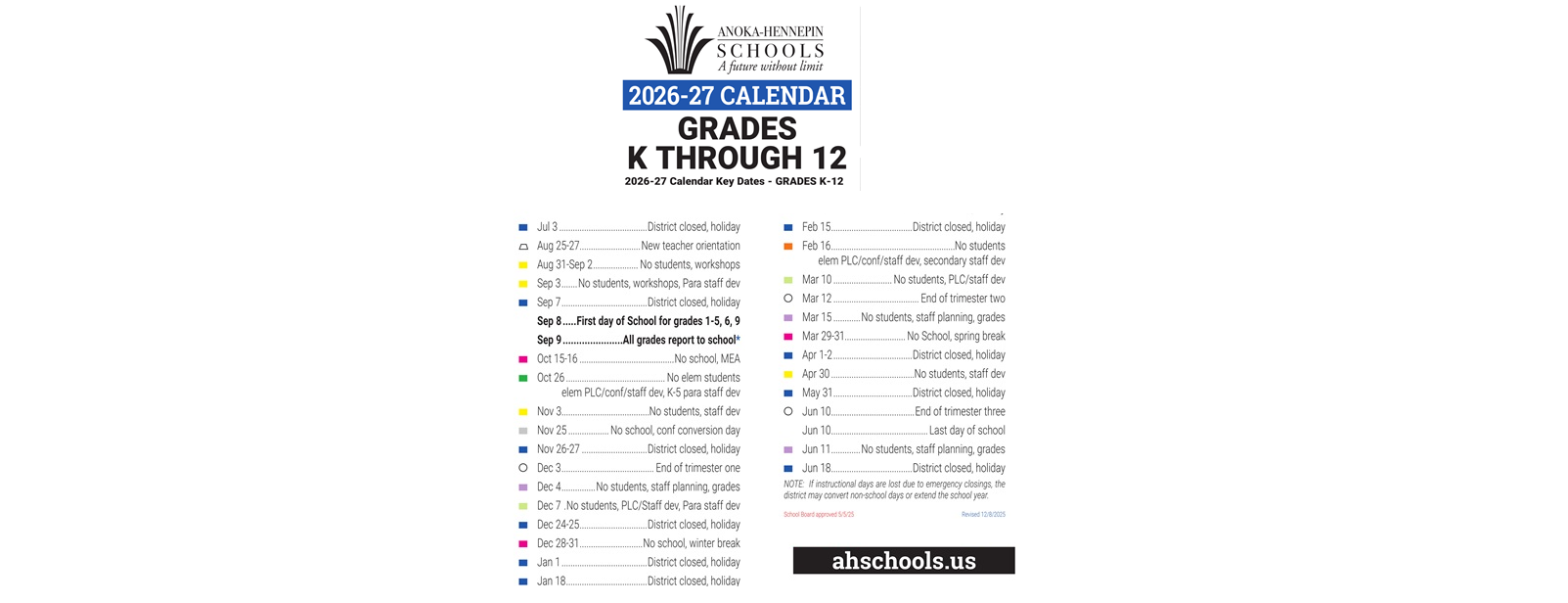 District School Academic Calendar Key for Riverview Elementary