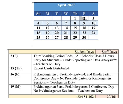 District School Academic Calendar for Baltimore Highlands Elementary for April 2027