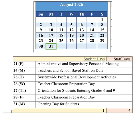 District School Academic Calendar for Baltimore Highlands Elementary for August 2026