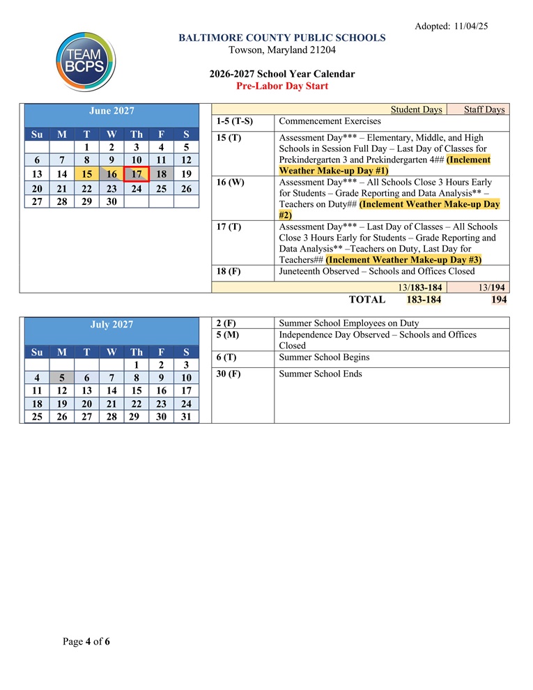 District School Academic Calendar for Baltimore Highlands Elementary for June 2027
