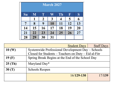 District School Academic Calendar for Baltimore Highlands Elementary for March 2027