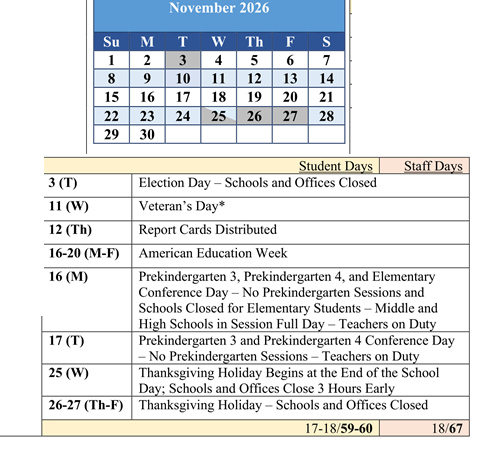 District School Academic Calendar for Baltimore Highlands Elementary for November 2026