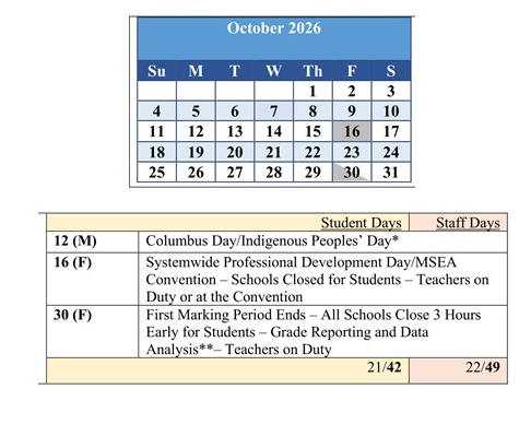 District School Academic Calendar for Baltimore Highlands Elementary for October 2026
