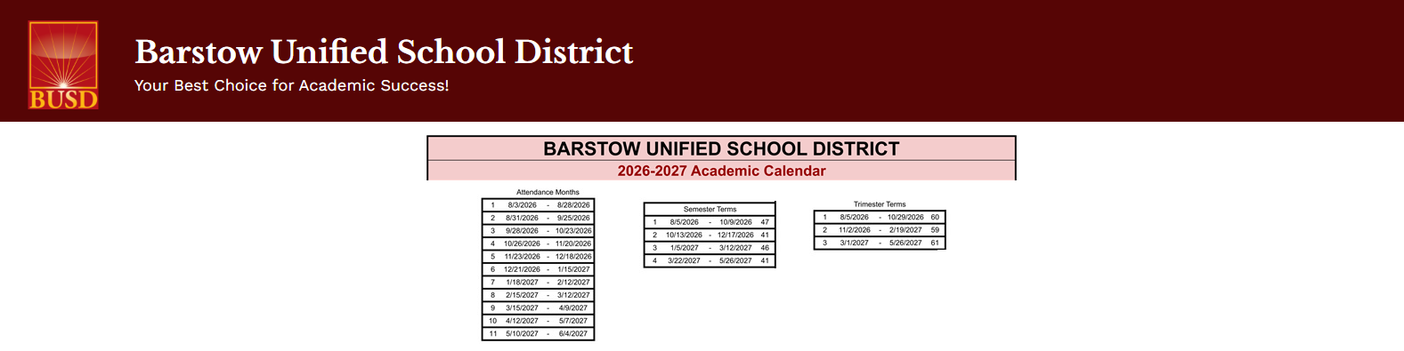 District School Academic Calendar Key for Barstow High