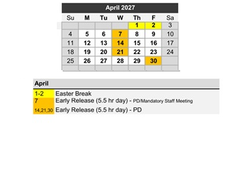 District School Academic Calendar for W.D. Carroll Elem for April 2027