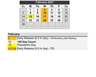 District School Academic Calendar for W.D. Carroll Elem for February 2027