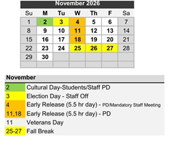 District School Academic Calendar for W.D. Carroll Elem for November 2026