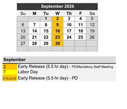 District School Academic Calendar for W.D. Carroll Elem for September 2026
