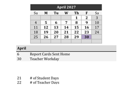 District School Academic Calendar for Robert E Lee Elementary School for April 2027