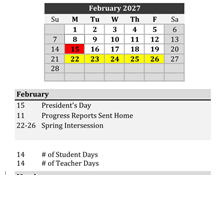 District School Academic Calendar for Robert E Lee Elementary School for February 2027