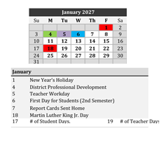 District School Academic Calendar for Robert E Lee Elementary School for January 2027