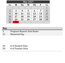 District School Academic Calendar for Robert E Lee Elementary School for May 2027