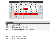District School Academic Calendar for Robert E Lee Elementary School for November 2026