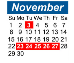 District School Academic Calendar for Hillside Junior High School for November 2026