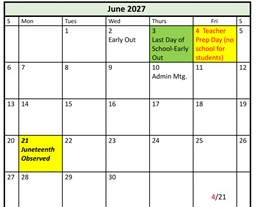 District School Academic Calendar for Fielding School for June 2027