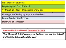 District School Academic Calendar Legend for Fielding School