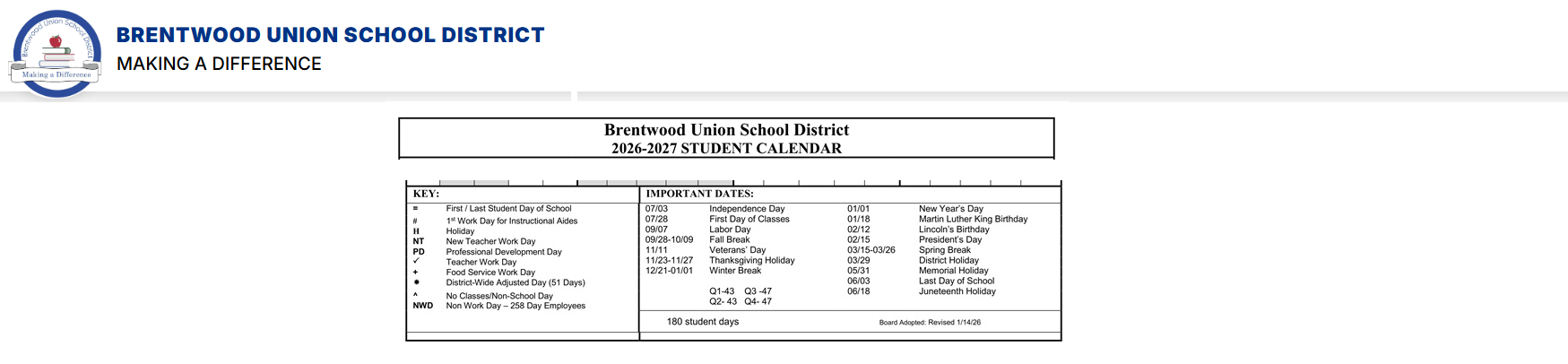 District School Academic Calendar Key for Brentwood Elementary