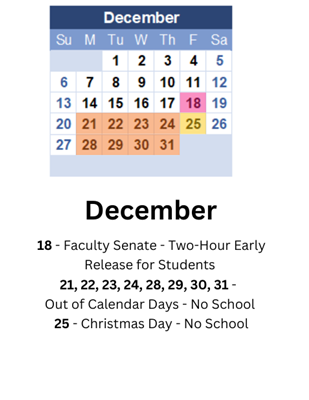 District School Academic Calendar for Martha Elementary School for December 2026