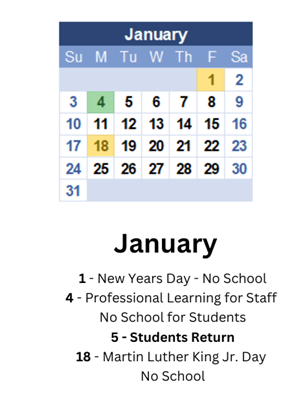 District School Academic Calendar for Martha Elementary School for January 2027