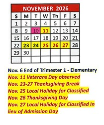 District School Academic Calendar for Cesar Chavez Elementary for November 2026