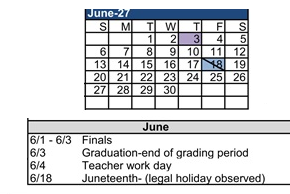 District School Academic Calendar for Leigh High for June 2027