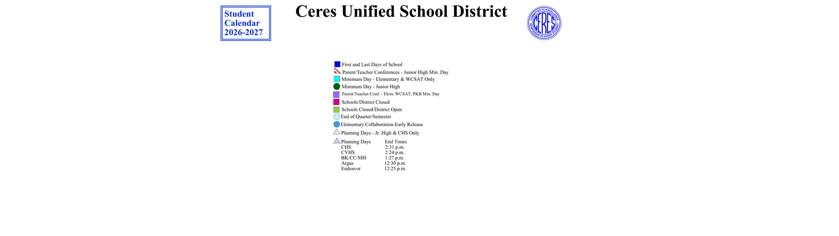District School Academic Calendar Key for Endeavor Alternative
