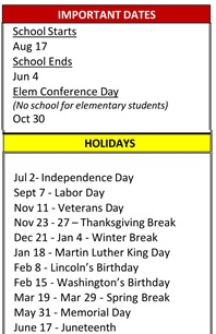 District School Academic Calendar Legend for Maple Creek Elementary