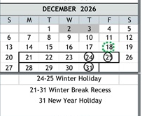 District School Academic Calendar for Duke (bobby G.) Elementary for December 2026