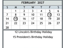 District School Academic Calendar for Duke (bobby G.) Elementary for February 2027