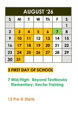 District School Academic Calendar for Central Elementary for August 2026