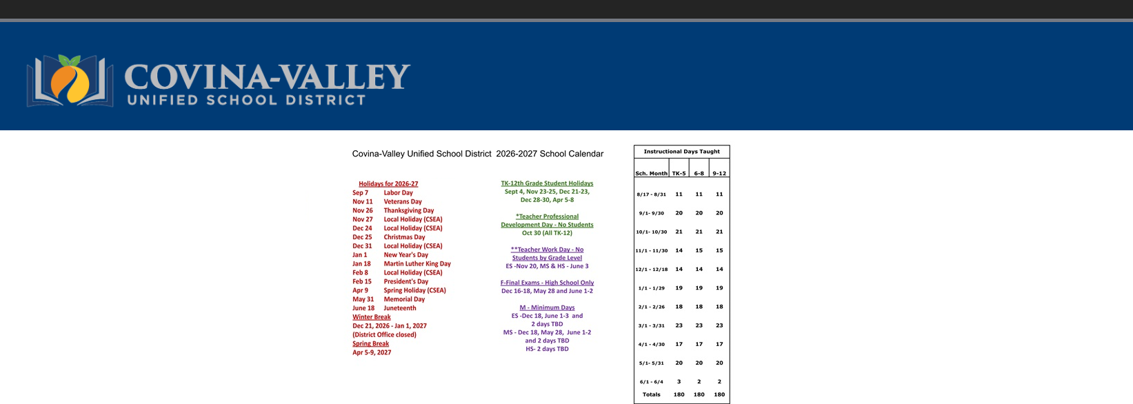 District School Academic Calendar Key for Cypress Elementary