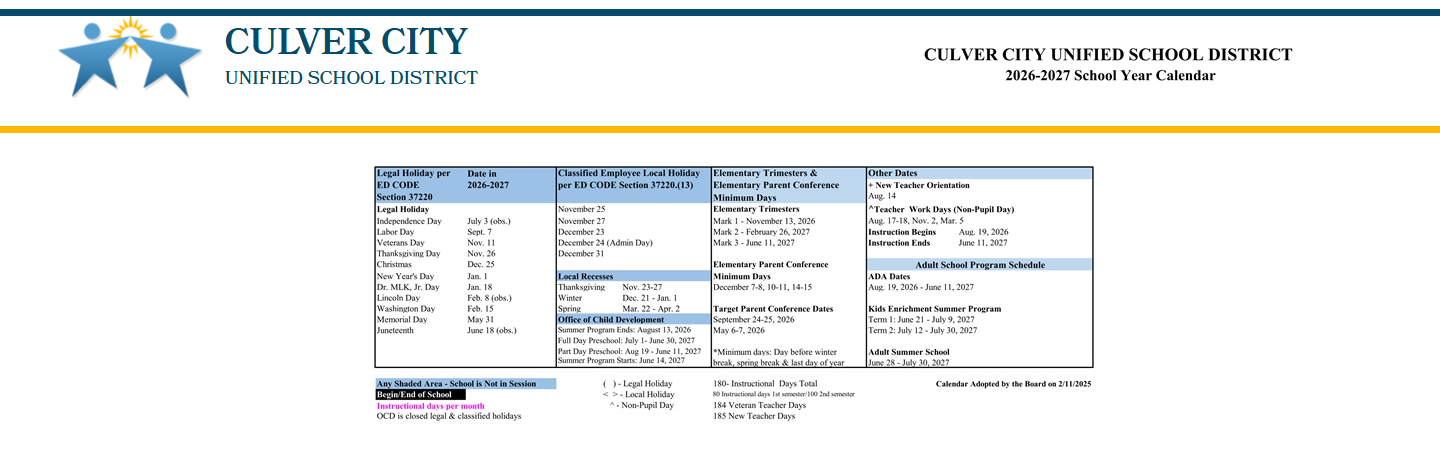 District School Academic Calendar Key for Culver City Independent Study