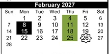 District School Academic Calendar for Cawthon (robert C.) Elementary for February 2027