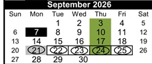 District School Academic Calendar for Cawthon (robert C.) Elementary for September 2026