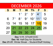 District School Academic Calendar for Hornsby Dunlap Elementary School for December 2026