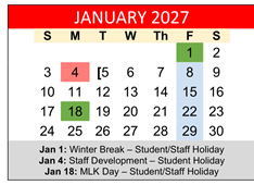 District School Academic Calendar for Hornsby Dunlap Elementary School for January 2027