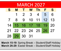 District School Academic Calendar for Hornsby Dunlap Elementary School for March 2027