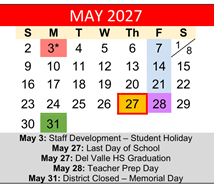 District School Academic Calendar for Hornsby Dunlap Elementary School for May 2027