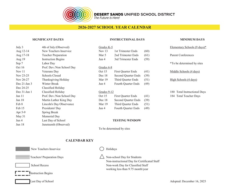 District School Academic Calendar Key for Horizon School