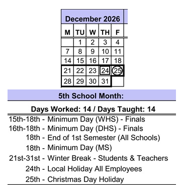 District School Academic Calendar for Gauldin Elementary for December 2026