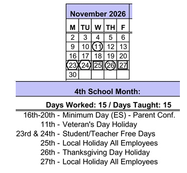 District School Academic Calendar for Gauldin Elementary for November 2026