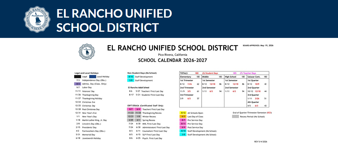 District School Academic Calendar Key for El Rancho High